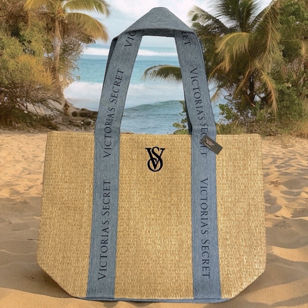 Victoria’s Secret Straw Beige Blue Tote Bag NWT